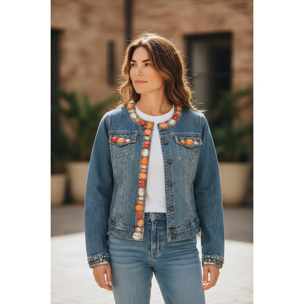 🤑Boston Proper 🔥Fall Blue 💙Jean Denim Jacket Sequin & Stone Embellished Y2K S